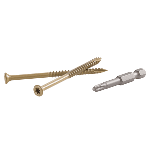 Two GuardDog exterior wood screws, colored light brown, are displayed horizontally on a white background.