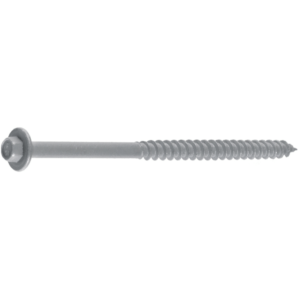 A LedgerLOK structural wood screw, colored grey, is displayed horizontally on a white background.