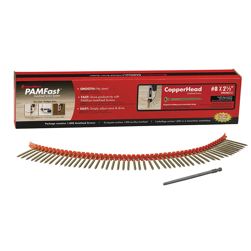 A red packaging box of PAMFast Copperhead® Screws is in the back, with all the screws and recess bit laid out in front of it.