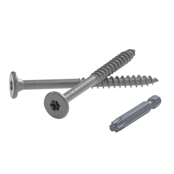 2 LedgerLOK Flat Head structural wood screws are laid crisscrossing each other over a white background.