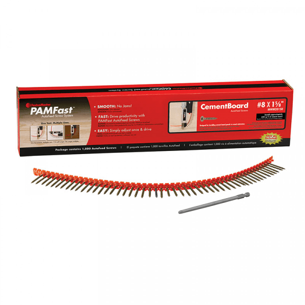 FastenMaster’s PAMFast Cement Board Screws are displayed over a white background. The screws are laid out in a curved line in front of the PamFast screw box in red.