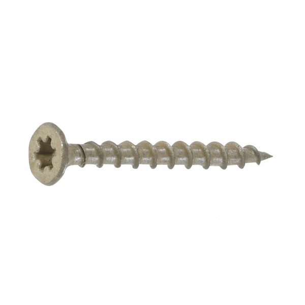 A PAMFast Cement Board Screw is displayed over a white background. There is a 6-point drive in the flat nail head and 11 grooves down the thread of the tan screw.