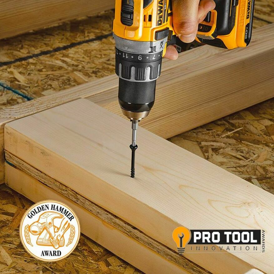 This image depicts a FastenMaster MVP™ Multipurpose Wood Screw being drilled into wood.